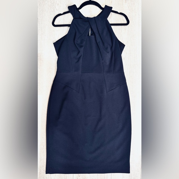 EUC NY&Co. Navy Blue Pleated Neck Sleeveless Dress Size S. Back Silver Full Zip - Picture 3 of 9